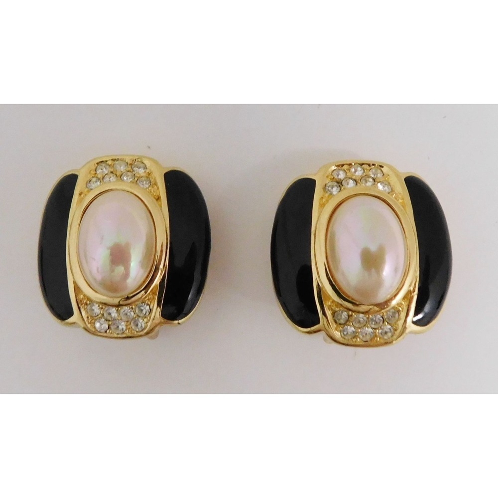 Christian‎ Dior Vintage Black Enamel Pearl Clear Jeweled Clip On Earrings
